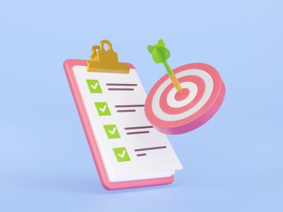 3d render checklist with target bullseye and arrow in aim. Check list on clipboard with tick marks. Business concept of goal achievement, success and progress, Cartoon Illustration in plastic style